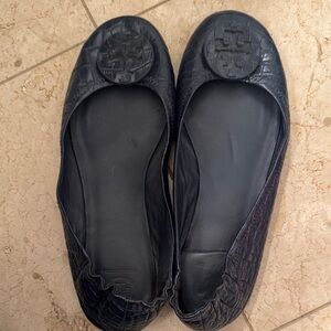 Tory Burch Minnie Navy (Starry Blue) Croc-Embossed Flats